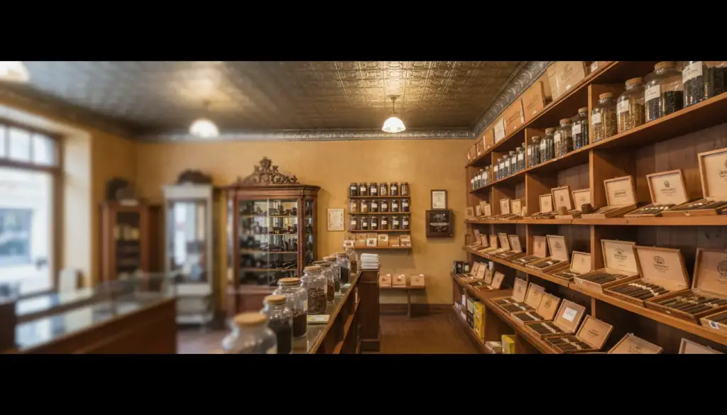 A tobacconist interior of open cedar cigar boxes, glass pipe cabinets and apothecary jars under a pressed tin ceiling
